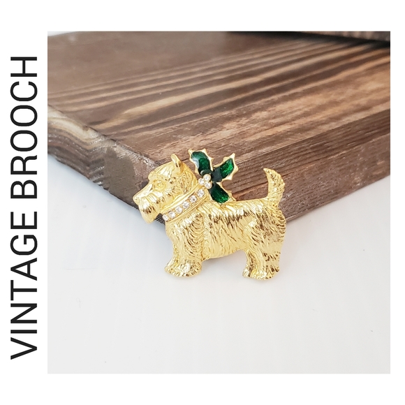 Vintage Jewelry - Vintage Scottie Dog Brooch with Rhinestone Collar and Green Enamel Holly